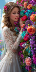 A woman in a wedding dress is surrounded by flowers