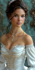 A woman in a white dress with a necklace and tiara