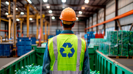 Worker at plastic recycling plant wearing safety vest and hard hat
