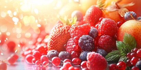 Close-up of assorted summer fruits including strawberries, blueberries, raspberries, and cherries with a light, bokeh background