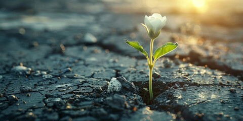 Single white wildflower growing through cracked asphalt with sunlight in the background