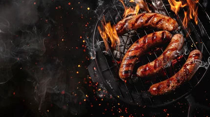 Grilled juicy sausages, brarwurst sizzling on a grill with fire. Top view © Alexander Raths