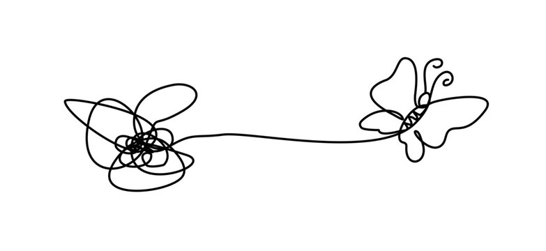 Continuous line art of a tangled rope and a butterfly in 
 mental health concept.	