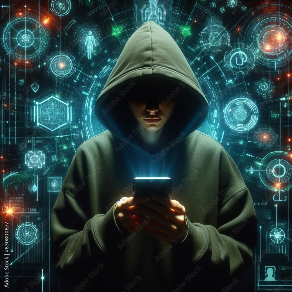 Poster a hooded figure, shrouded in shadows, uses a smartphone amidst intricate cybernetic patterns and sym
