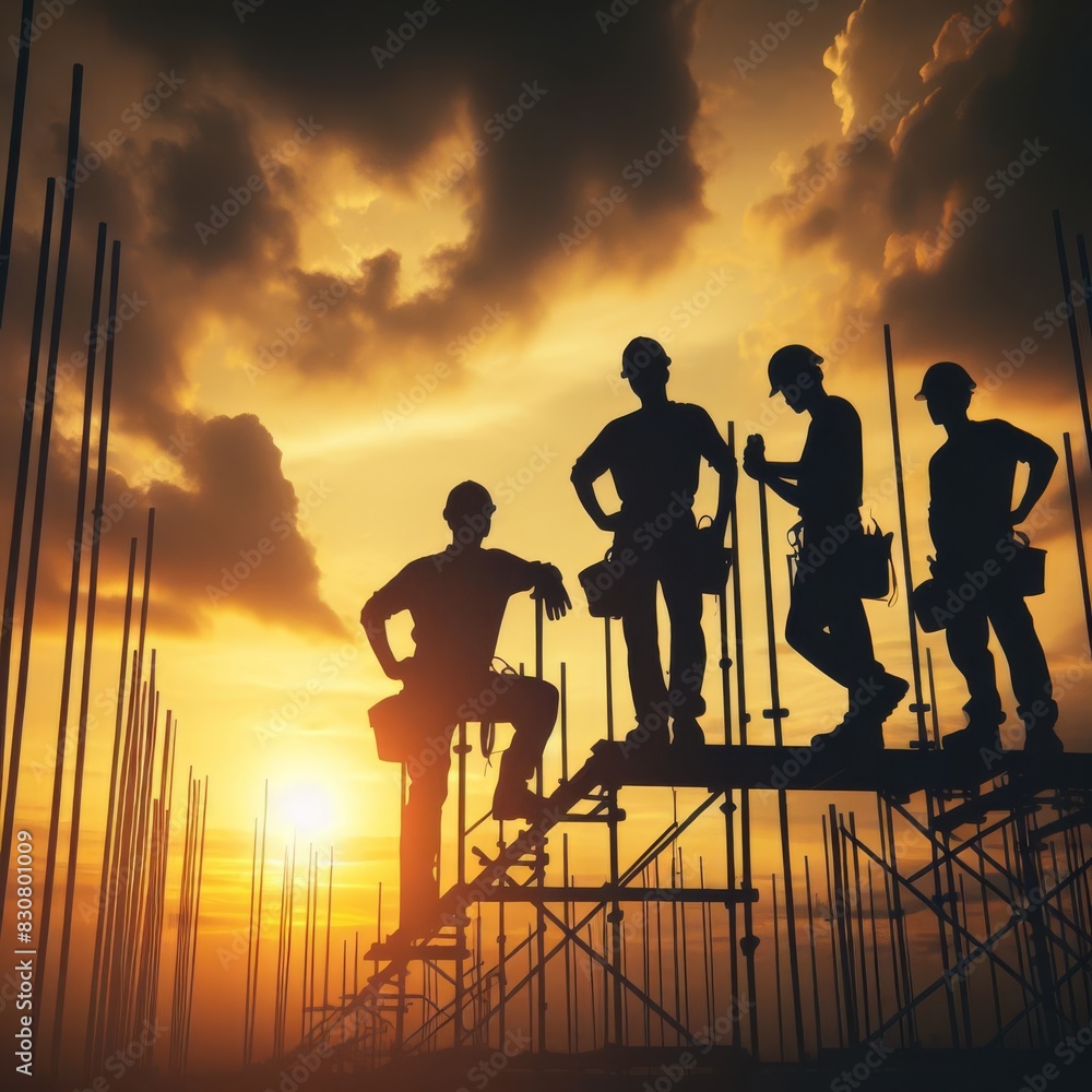 Poster silhouetted construction workers engaging in discussion on a scaffolding with a dramatic sunset back