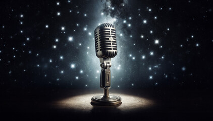 vintage microphone and stars, podcast backdrop with copy space,photo realistic illustration