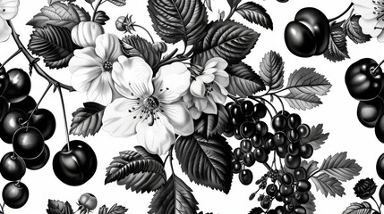 vintage illustration of a black and white flowers and berries