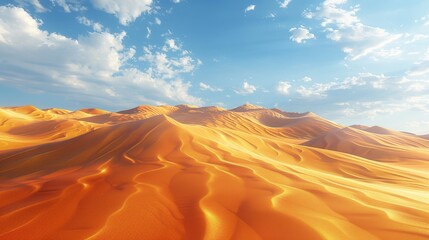 Fototapeta premium Capture the grandeur of a desert landscape from a worms-eye view Show towering sand dunes with intricate textures and golden hues Use digital techniques to create a photorealistic