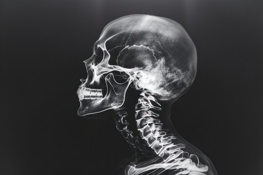 A skull is shown in a black and white photo