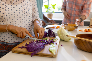 Diverse senior friends cooking together at home