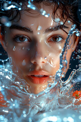 A woman's face is captured in a splash of water, with her eyes open