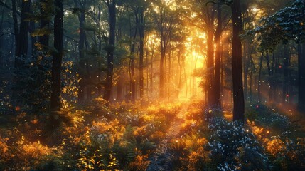 Craft a mesmerizing digital artwork of a secluded forest clearing bathed in the golden light of a setting sun