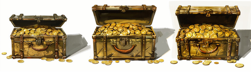 A treasure chest made of gold coins, three views of the front and back, in the style of oil painting, high definition details, white background, exquisite sculpture, in the style of wood carving art