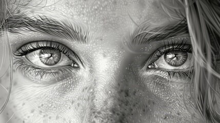 Create a mesmerizing close-up portrait of a serene gaze, portraying emotion with precise pencil strokes and contrasting shadows