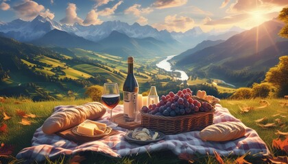 Picnic in mountains with wine, grapes, cheese and glasses