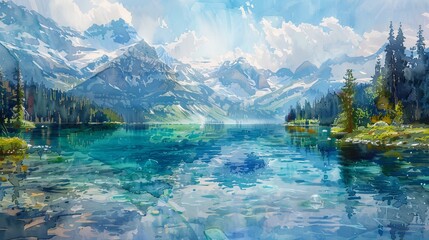 Showcase the serene beauty of a crystal-clear alpine lake surrounded by snow-capped peaks