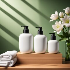 Cosmetic products in pomp bottles and cotton towels with green plants on wooden table on green background. AI Generative