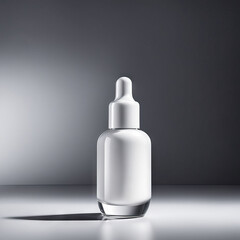 White bottle with serum on grey background. Glass packaging for cosmetic beauty product, essential aroma oil. Skin care, hydration and nutrition with collagen. AI Generative