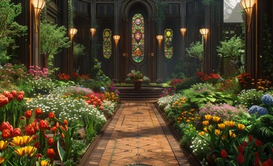 A fantastical garden where the flowers have expressive faces and the butterflies are made of stained glass and podium netural