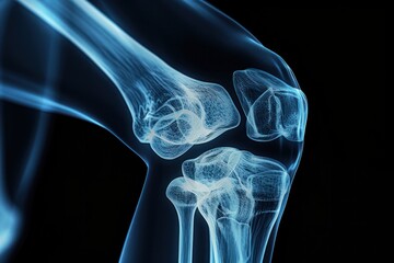 A knee joint is shown in a black and white photo with a blue hue