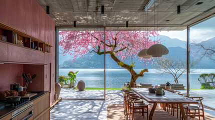 Natural blue shade dining room of a house resort by lake cherry blossom