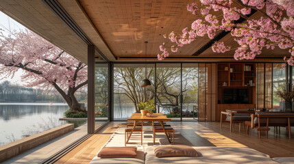 Fototapeta premium Natural brown shade dining room of a house resort by lake cherry blossom