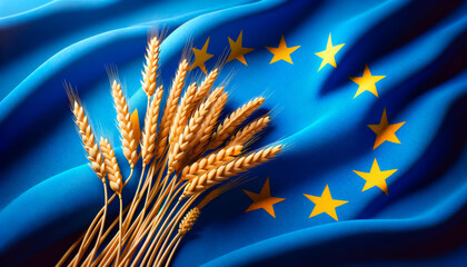 EU flag with wheat stalks symbolizing agriculture and food security. European Union stars on a blue background combined with golden wheat, representing agricultural industry and economic cooperation.
