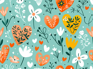 Seamless floral pattern with hand-drawn flowers and hearts on a turquoise background. Colorful botanical design with whimsical elements, perfect for textiles, wallpapers, and wrapping paper.