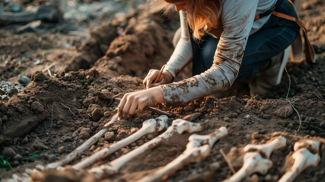 Archaeologist excavating human skeleton bones at a dig site. Detailed close-up of an archaeological excavation, showcasing careful work and historical discovery.