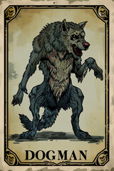 Werewolf cryptid poster card art. Michigan Dogman creature illustration.