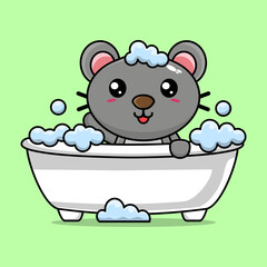 Vector cartoon cute mouse bathing in bathtub filled with foam