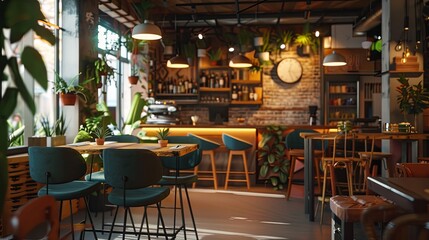 Fototapeta premium Seat and wooden counter with coffee equipment on counter bar and wooden shelf on rough cement wall. design for cafe or home