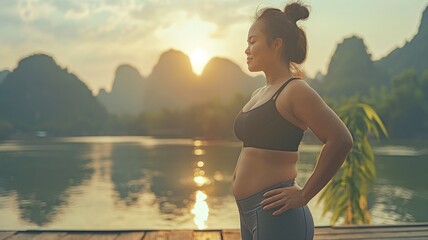 Asian overweight woman doing an outdoor V-shape six-pack class in the morning on a wooden platform