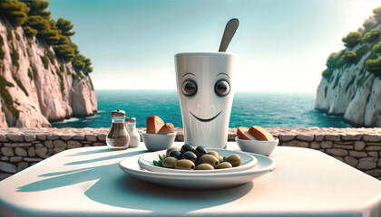 A cheerful face cup and plates of olives and bread sit on a table overlooking a stunning seaside cliff view, creating a playful and serene dining experience.