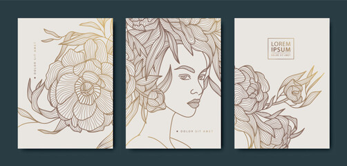 Vector set of woman line art covers, beauty design portrait with flowers. Lady fashion illustration, Japanese style pattern.