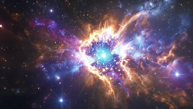 A cosmic collision reveals dark matter particles exploding outward.