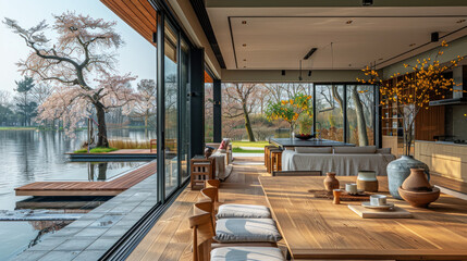 Naklejka premium Natural green shade dining room of a house resort by lake cherry blossom