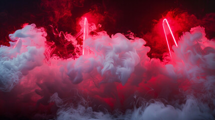 Intense stage design featuring bright white smoke illuminated by deep red neon,
