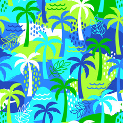 Hand drawn palm tree with brushed background seamless pattern design for summer holidays concept.