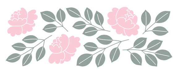 Set of rose flowers and leaves