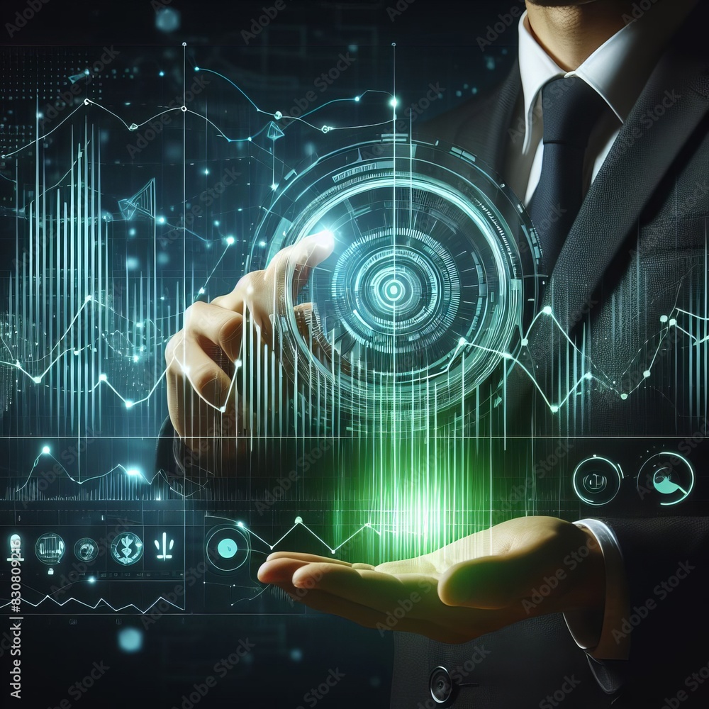 Poster a business professional interacts with a futuristic holographic interface, showcasing modern technol