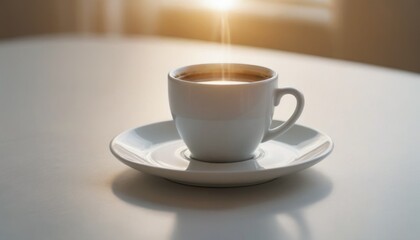 A hot cup of coffee on a saucer, set against a white background, casting a subtle shadow.