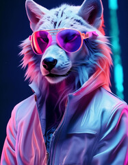 A wolf wearing a jacket and sunglasses with a purple jacket.