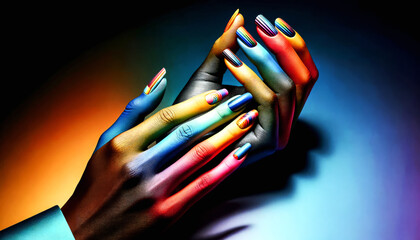 Two hands with rainbow coloured skin and matching vibrant nail art interlock against a dark background, creating a striking and artistic visual composition.