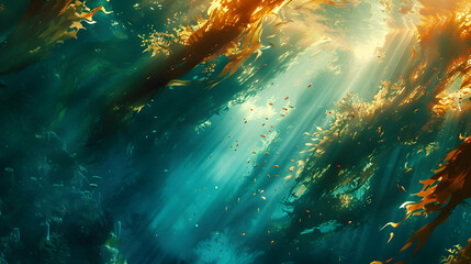 A surreal underwater forest of kelp illuminated by beams of sunlight penetrating the waterâ€™s surface, casting ethereal shadows and highlighting the vibrant ecosystem teeming with marine life.
