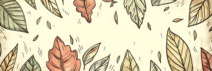 Autumn leaves frame with copy space on light beige background. Border made of fallen leaf, September foliage. Cute hand drawn sketch style. Template for banner, poster, greeting card