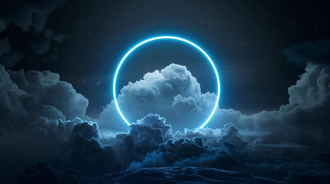 A cloud in a dark sky framed by a soft powder blue neon ring, 3D widescreen format,