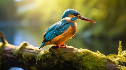 Obraz premium Vibrant Kingfisher Perched Over Clear Stream in Forested Habitat