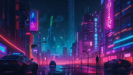 a futuristic city at night, featuring a cyberpunk aesthetic