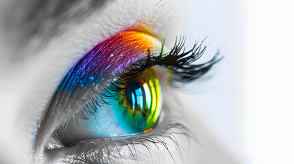 Photo d'un &oelig;il de femme isol&eacute; sur fond blanc, vue de profil, iris multicolore arc-en-ciel, concept de vision et couleurs, fiert&eacute; gay LGBT